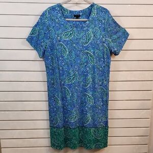 EUC J. Jill Blue and Green Paisley Short Sleeve Midi Dress with Pockets XL